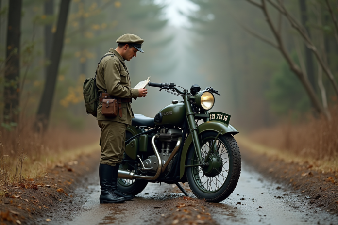 Moto militaire vintage près d une forêt avec soldat vérifiant une carte