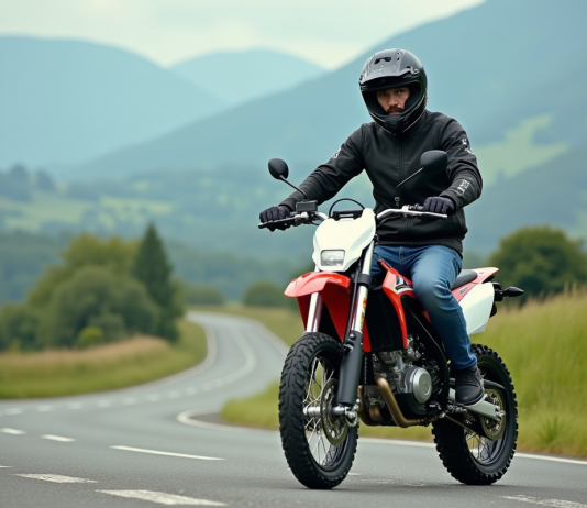 Jeune homme en moto tout-terrain sur route de campagne