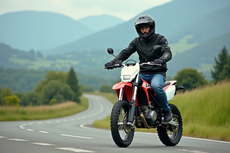 Jeune homme en moto tout-terrain sur route de campagne