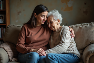 Femme et mère âgée assises sur un canapé modeste
