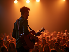 Jeune musicien jouant de la guitare acoustique sur scène