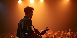 Jeune musicien jouant de la guitare acoustique sur scène