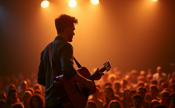 Jeune musicien jouant de la guitare acoustique sur scène