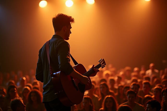 Jeune musicien jouant de la guitare acoustique sur scène