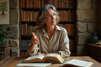 Professeure d'université étudiant la mythologie grecque de Gaïa, déesse Terre, dans une bibliothèque académique aux reflets chaleureux
