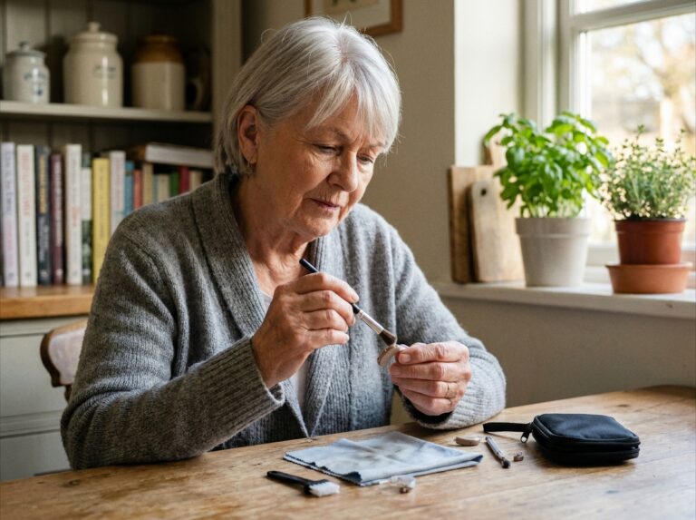 Femme âgée nettoyant son appareil auditif contour d'oreille avec une brosse fine sur une table en bois