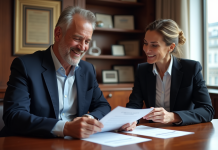 Homme d'âge moyen avec notaire dans un bureau élégant