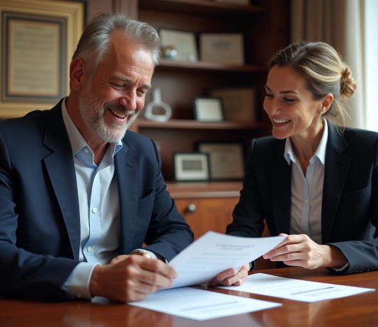 Homme d'âge moyen avec notaire dans un bureau élégant