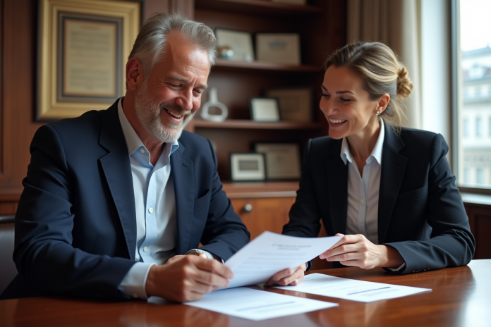 Homme d'âge moyen avec notaire dans un bureau élégant