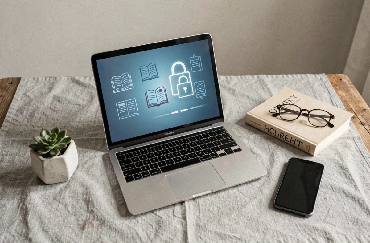 Ordinateur portable affichant un site d'ebooks avec un cadenas symbolisant les risques légaux et la protection du droit d'auteur