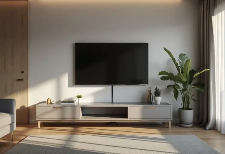 Câbles dissimulés derrière une télévision montée au mur avec goulottes