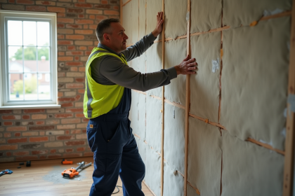 Ouvrier construction posant isolation intérieure maison