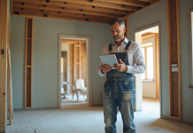 Hommes en travaux avec tablette dans une rénovation