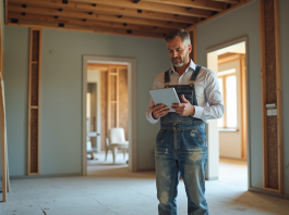 Coût rénovation au m2 : prix moyen et conseils pratiques Hommes en travaux avec tablette dans une rénovation