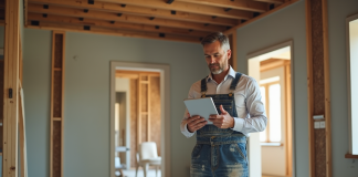 Hommes en travaux avec tablette dans une rénovation