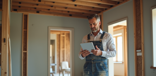 Coût rénovation au m2 : prix moyen et conseils pratiques Hommes en travaux avec tablette dans une rénovation