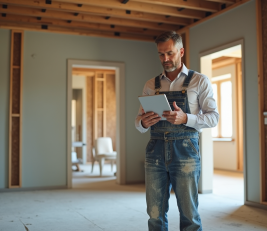 Hommes en travaux avec tablette dans une rénovation