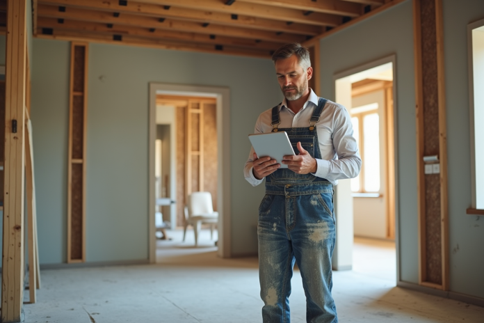 Hommes en travaux avec tablette dans une rénovation