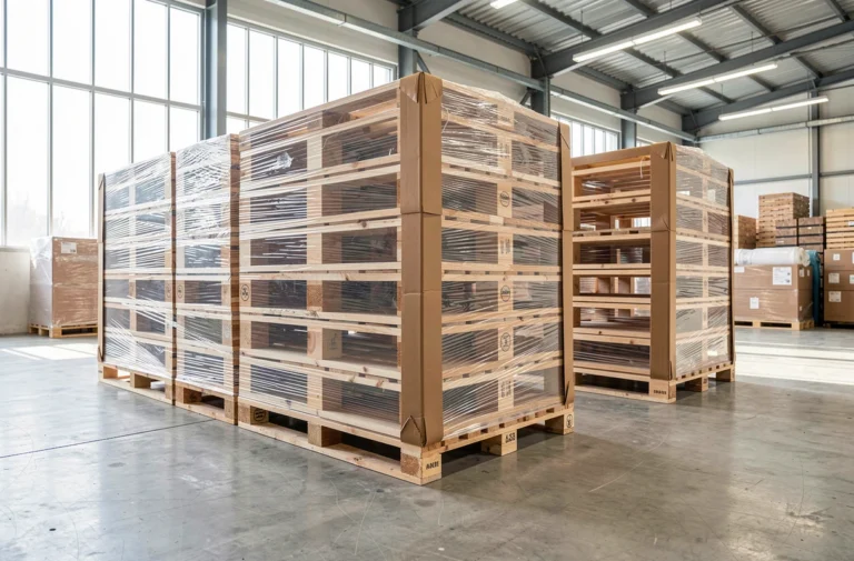 Palettes filmées avec cornières carton aux angles dans un entrepôt
