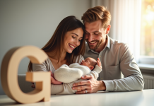 Jeunes parents souriants dans une nurserie lumineuse