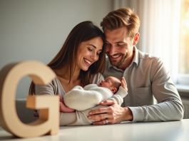 Jeunes parents souriants dans une nurserie lumineuse