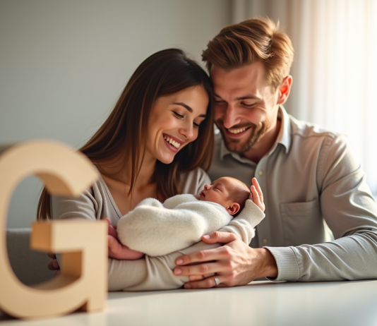 Jeunes parents souriants dans une nurserie lumineuse