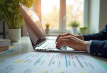 Personne concentrée travaillant sur un ordinateur dans un bureau lumineux