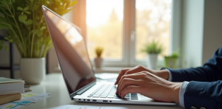 Personne concentrée travaillant sur un ordinateur dans un bureau lumineux
