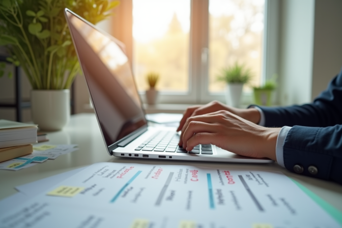 Personne concentrée travaillant sur un ordinateur dans un bureau lumineux