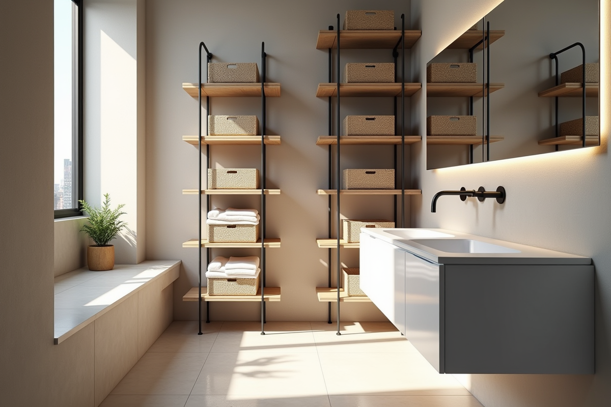 Salle de bain urbaine compacte avec étagères et rangements
