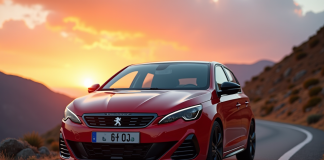 Peugeot 308 GTI au lever du soleil en montagne