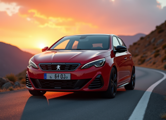 Peugeot 308 GTI au lever du soleil en montagne