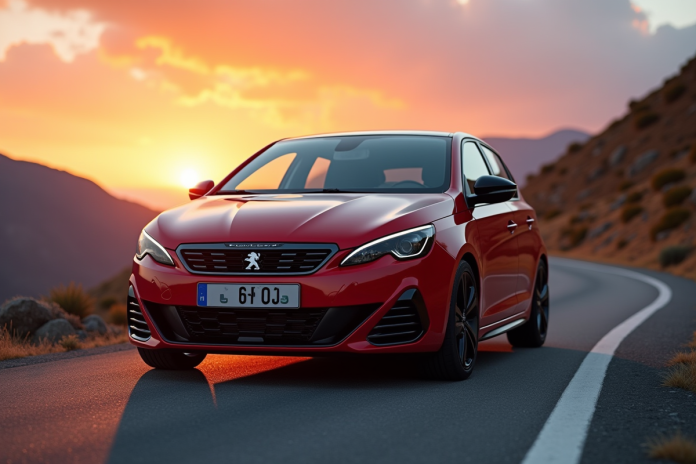 Peugeot 308 GTI au lever du soleil en montagne