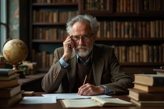 Professeur de philosophie pensif entouré de livres de Schopenhauer dans un bureau universitaire vintage