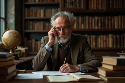 Professeur de philosophie pensif entouré de livres de Schopenhauer dans un bureau universitaire vintage