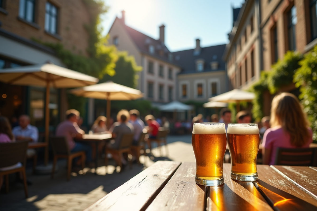 Village belge ensoleille avec terrasses et bières dorées