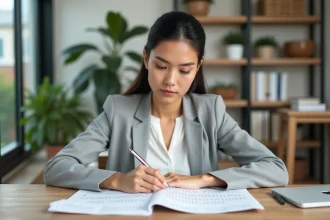 Femme organisant deux plannings semaine paire et impaire sur un bureau en bois dans un bureau à domicile moderne