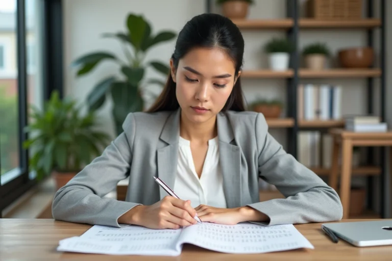 Femme organisant deux plannings semaine paire et impaire sur un bureau en bois dans un bureau à domicile moderne