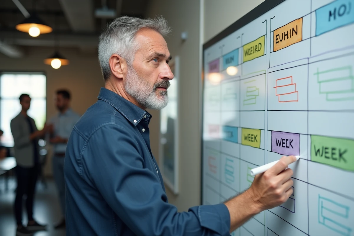 Manager présentant un planning alternance semaines paires et impaires sur un tableau blanc en entreprise