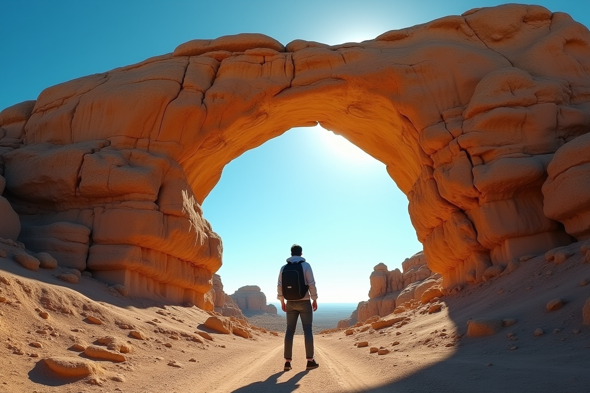 Voyageur près de la Porte des Anges dans Bardenas Reales sous un ciel bleu