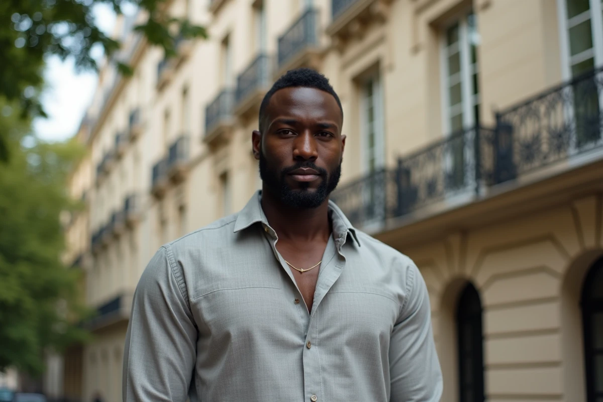 Portrait d'un homme d'origine africaine dans une rue parisienne devant un immeuble haussmannien