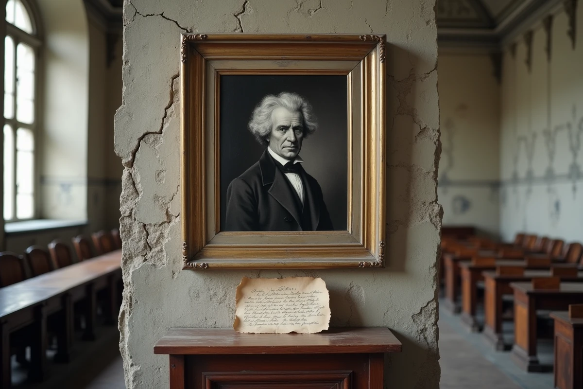 Portrait gravé de Schopenhauer accroché dans une salle de conférence historique européenne déserte