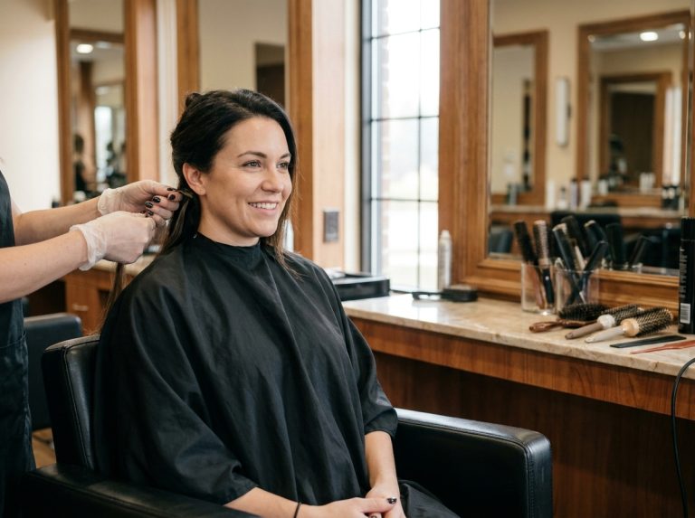 Femme en salon de coiffure recevant des extensions de cheveux naturels posées par une coiffeuse professionnelle