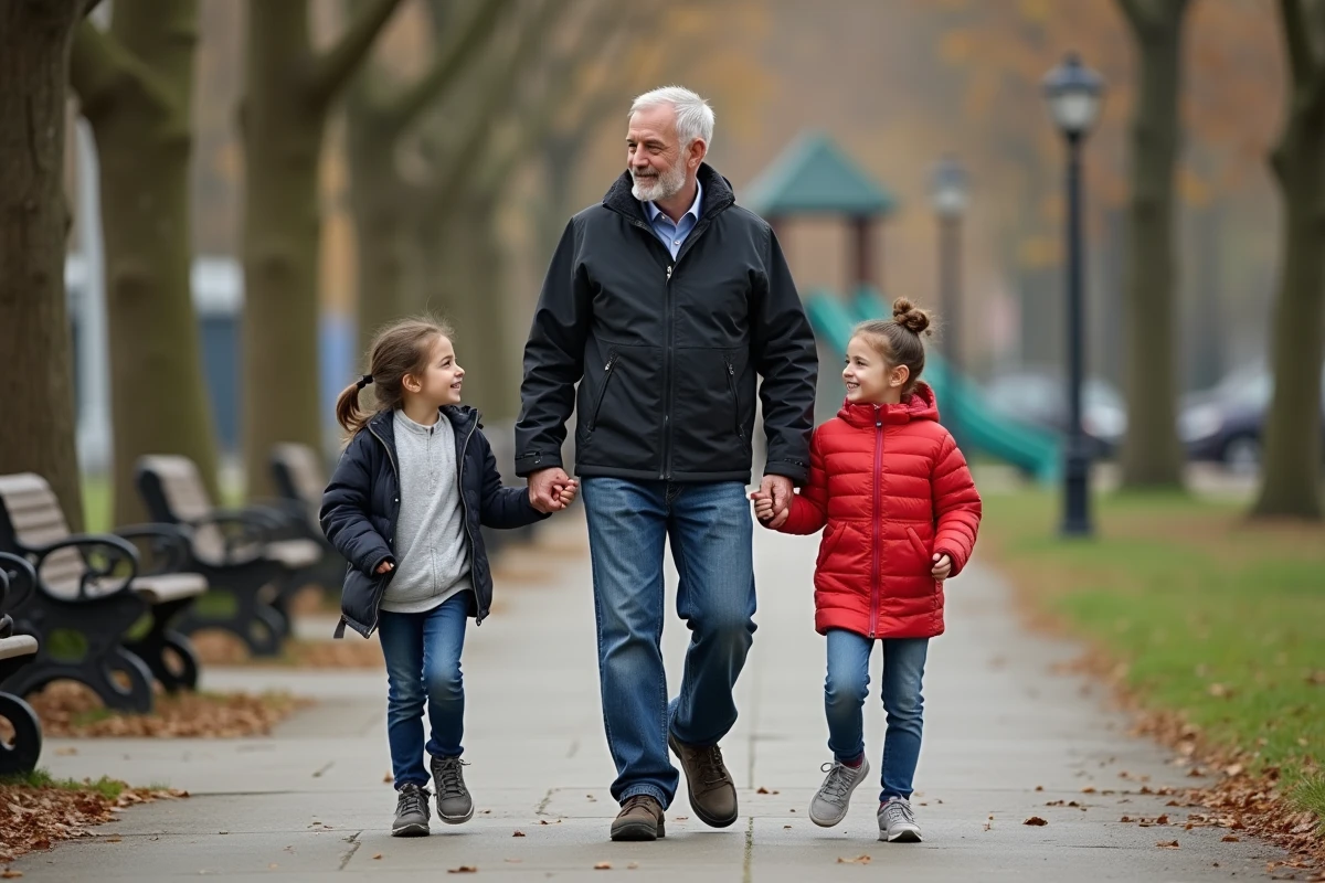 Père et enfants se promenant dans un parc urbain