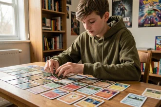 Adolescent qui construit son premier deck Pokémon Aventure Ensemble sur une table en bois dans une chambre