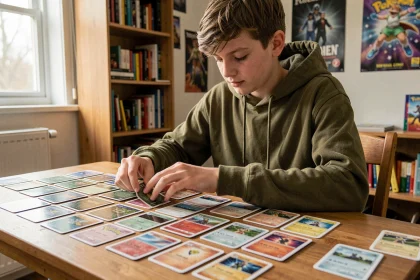 Adolescent qui construit son premier deck Pokémon Aventure Ensemble sur une table en bois dans une chambre