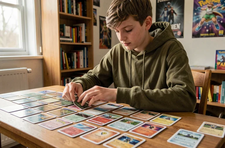 Adolescent qui construit son premier deck Pokémon Aventure Ensemble sur une table en bois dans une chambre