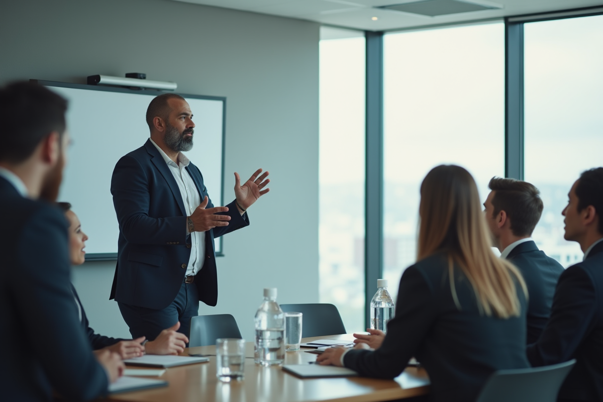 Cadre confiant donnant une présentation dynamique en salle