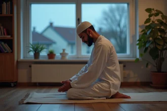 Homme en tenue traditionnelle effectuant la prière de l'aube Fajr dans un appartement de Nantes au lever du soleil