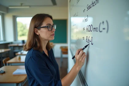 Professeure écrivant une conversion 600 ml en litres sur un tableau blanc dans une salle de classe